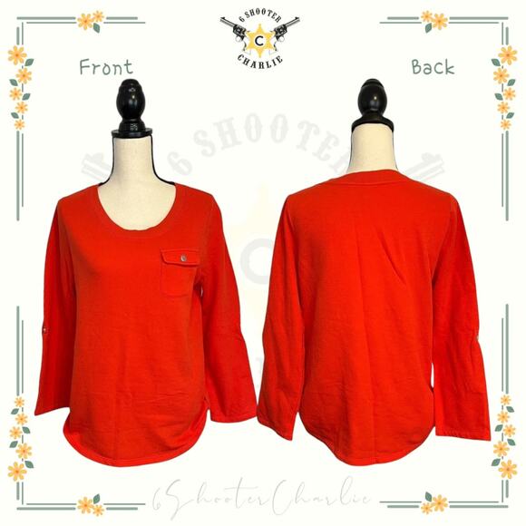 CARIBBEAN JOE Size M Round Neck Lightweight Sweater Red Roll Tab Sleeve & Sides - Picture 1 of 6